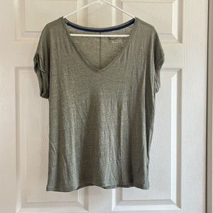 BODEN Size 10 Medium Green 100% Linen T-Shirt Top Cuffed Cap Sleeve V-Neck